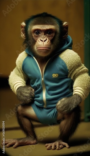 Cool, Cute and Adorable Humanoid Monkey in Stylish Sportswear: A Unique Athletic Animal in Action with Comfortable Activewear and Gym Clothes like Men, Women, and Kids (generative AI) © Get Stock