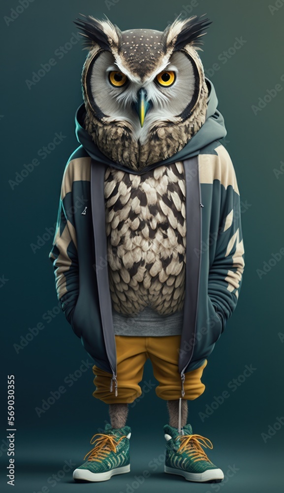Cool, Cute and Adorable Humanoid Owl in Stylish Sportswear: A Unique  Athletic Animal in Action with Comfortable Activewear and Gym Clothes like  Men, Women, and Kids (generative AI) Stock Illustration
