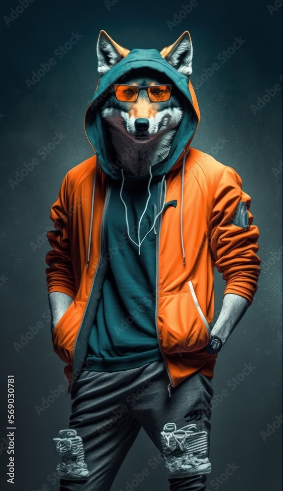 Cool, Cute and Adorable Humanoid Wolf in Stylish Sportswear: A Unique Athletic Animal in Action with Comfortable Activewear and Gym Clothes like Men, Women, and Kids (generative AI)