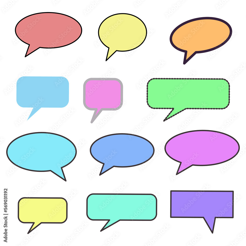 Set different dialog box, frame, speech balloon bubble colorful red violet yellow blue color in black line frame on grey background, Empty blank comment Talk chat speak message, illustration pop art d Set different dialog box, frame, speech balloon bubble colorful red violet yellow blue color in black line frame on grey background, Empty blank comment Talk chat speak message, illustration pop art d
