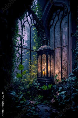 Illustration of an Ornamental Old Style Lighted Lantern Sitting in a Window of a Decayed Abandoned Building, Overgrown with Ivy and Plants, Created with Generative AI
