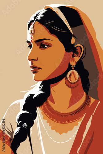 Beautiful indian woman in traditional clothing. Vector illustration in retro style