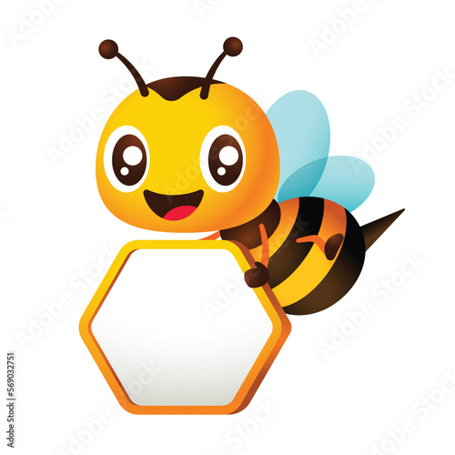 Cartoon smiling bee holding blank honeycomb shape signboard character vector