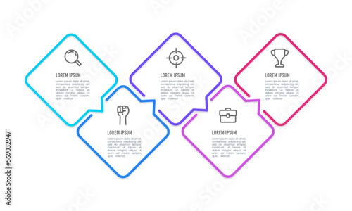 Vector Infographic message box with colorful design with icons and messages. Infographics 5 options or steps. Infographics for business concepts. 
