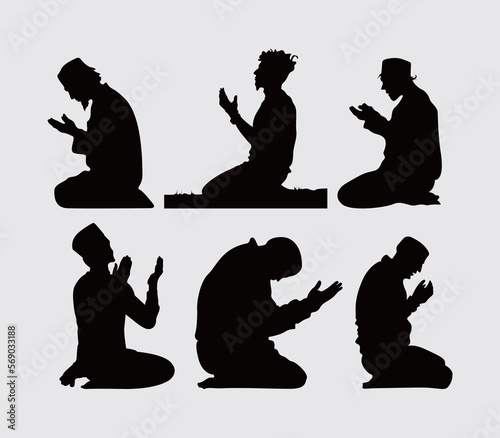 Man praying silhouette islamic illustration vector element clipart, sticker set bundle editable