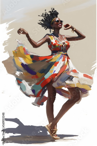 impressionist painting of woman of color dancing joyously in colorful dress, generative ai photo
