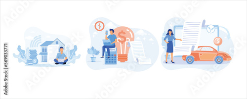 Sustainability illustration set. Characters calculating and paying electricity, utilities and household invoice bills. Home finances management and sustainable housing concept.set flat vector 