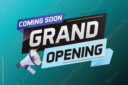 coming soon grand opening word concept vector illustration with megaphone and 3d, web, mobile app, poster, banner, flyer, background, gift card, coupon, label, wallpaper	