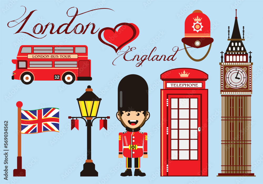 London england travel set vector graphic with big ben in red colors - obrazy, fototapety, plakaty 