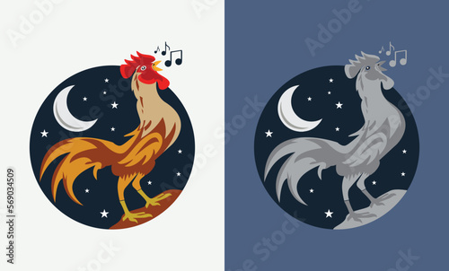 Crowing rooster with moon and stars background vector illustration