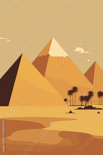 Egyptian pyramids in the desert. Vector illustration of a flat design.