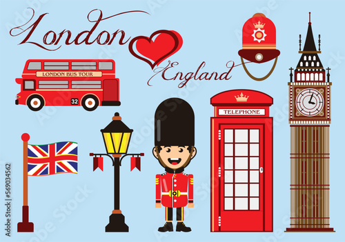 London england travel set vector graphic with big ben in red colors photo