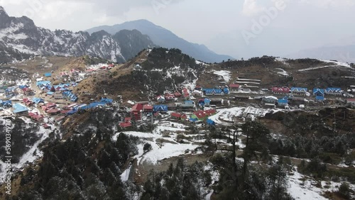 This typical, yet rather large village is lovely with blue and red roofs in Kalinchowk, Dolakha district of the Bagmati province of Nepal. photo