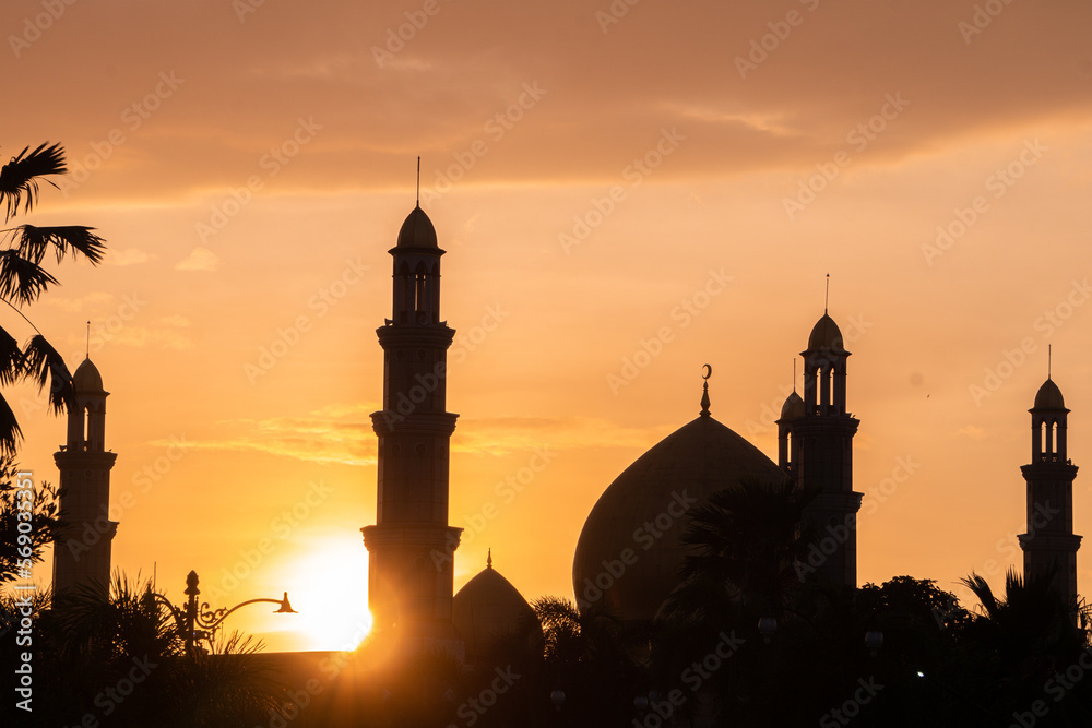 Beautiful silhoutte of mosque on sunset