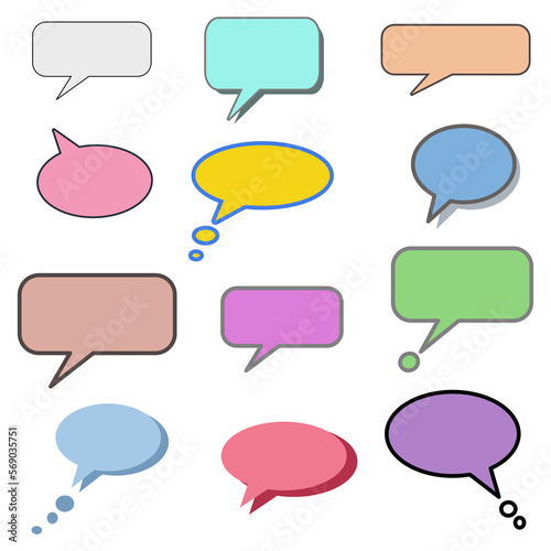 Set different dialog box, frame, speech balloon bubble colorful red violet yellow blue color in black line frame on grey background, Empty blank comment Talk chat speak message