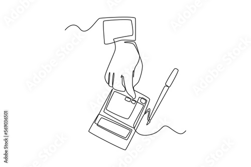 Single one line drawing finger touches the calculator button and a pen. Tax concept. Continuous line draw design graphic vector illustration.
