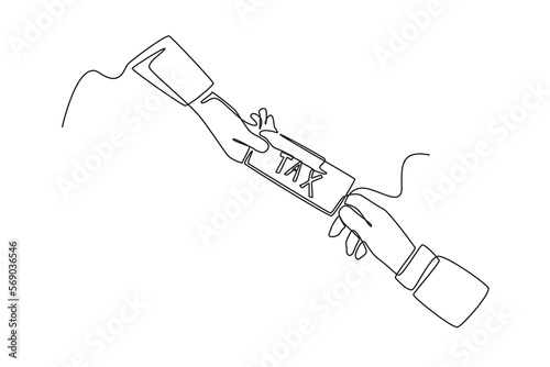 Single one line drawing hand giving tax form to another hand. Tax concept. Continuous line draw design graphic vector illustration.