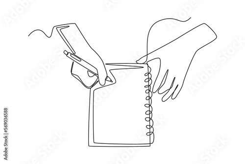 Single one line drawing hand filling out a task form with a pen. Document writing concept. Continuous line draw design graphic vector illustration.