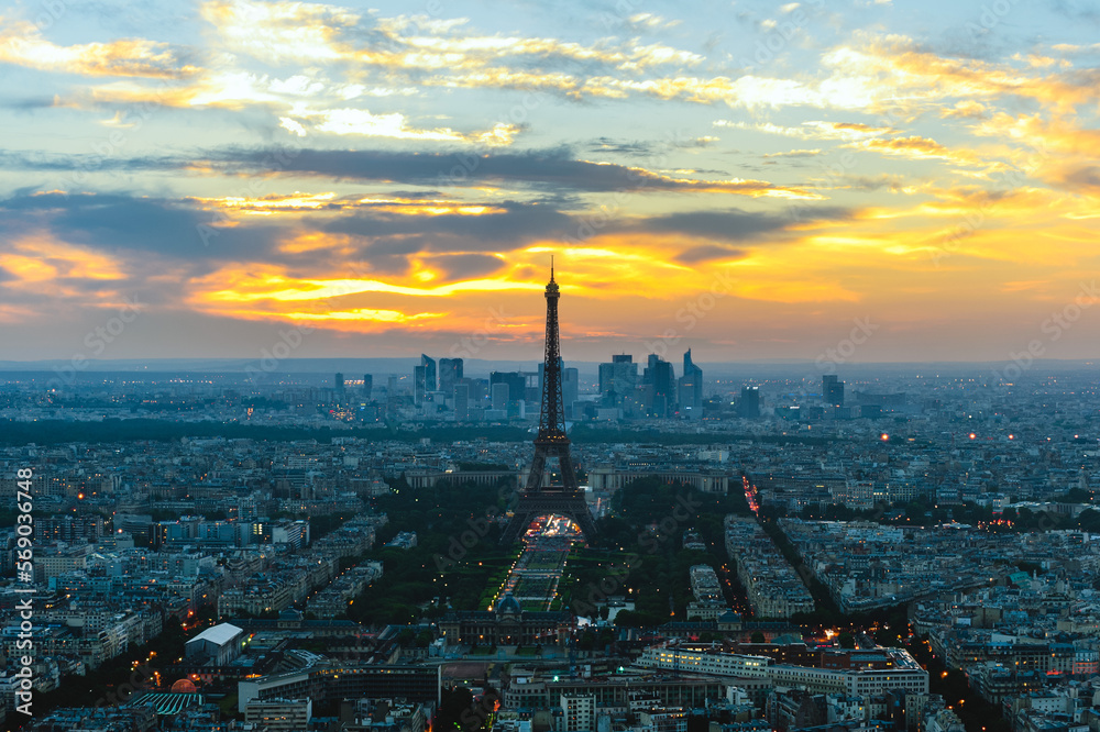 cityscape of paris in the dusk with eiffel tower