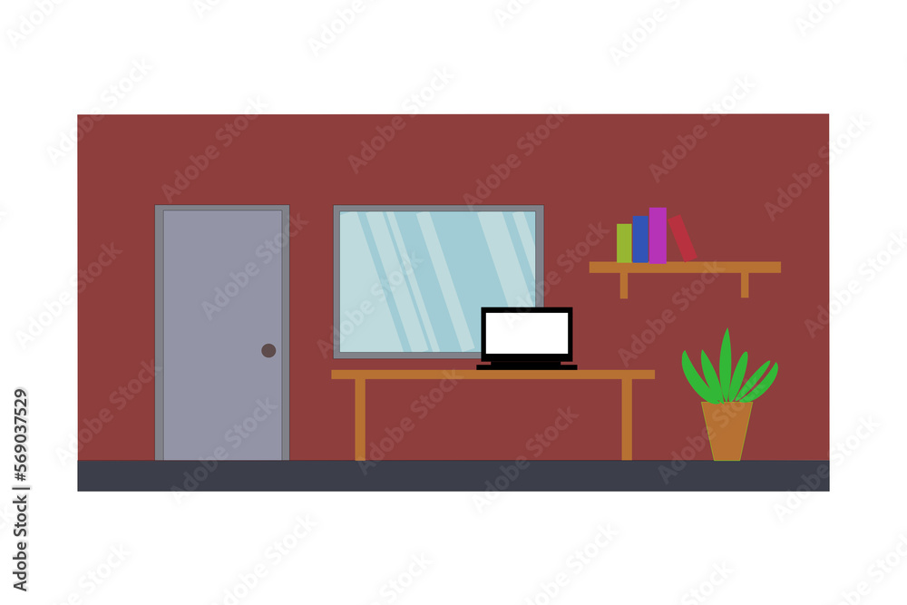 Flat elevation furniture interior room door, window, notebook on table, bookshelf tree pod, inside home or house, illustration Flat elevation furniture interior room door, window, notebook on table, bookshelf tree pod, inside home or house, illustration