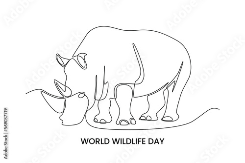 Continuous one line drawing rhino. World wildlife day concept. Single line draw design vector graphic illustration.