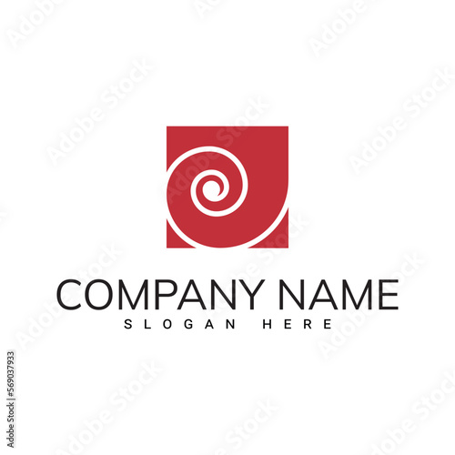 logo with a square icon with the image of a spiral resembling a snail or a tunnel for an architecture firm, construction or art gallery