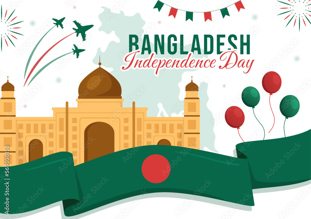 Fototapeta premium Happy Independence Day of Bangladesh on March 26th Illustration with Waving Flag and Victory Holiday in Flat Hand Drawn for Landing Page Templates