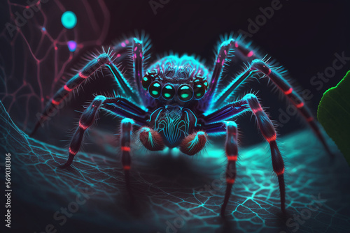 spider  neon style  close-up  portrait  bright background  nature background  high quality  high detail  8k  Generative AI