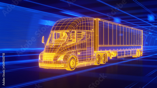 Electric Semi-Trailer Truck driving through a tunnel - Technological blue-yellow glowing Wireframe style 3D-render