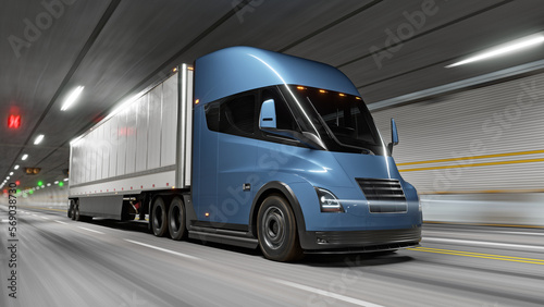 Electric Semi-Trailer Truck driving through a tunnel 3D-render