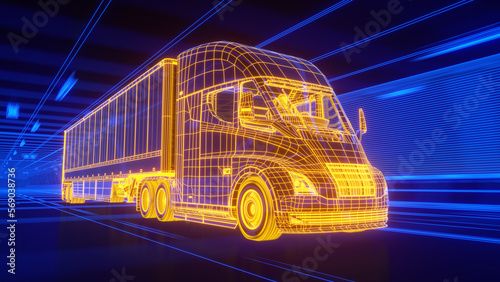 Electric Semi-Trailer Truck driving through a tunnel - Technological blue-yellow glowing Wireframe style 3D-render