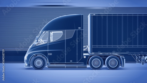 Electric Semi-Trailer Truck driving through a tunnel - Abstract Technical Blueprint style 3D-render