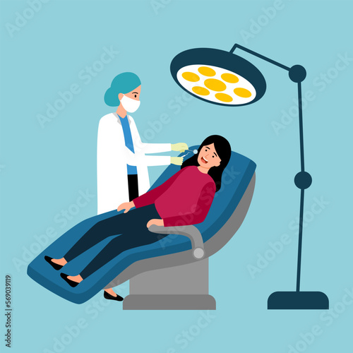Dentist examining female patient teeth in dental clinic vector illustration.