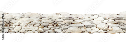 Pebble ground seamless border illustration. Hand drawn pile of pebbles, rocks, small stones watercolor image. Natural landscape element. Pebble-stone background seamless border.