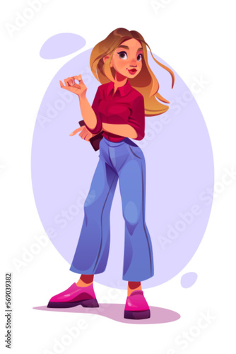 Cartoon beautiful girl with blonde hair wear trendy burgundy colored shirt, wide blue jeans and pink shoes on white background. Young attractive woman portrait, game personage Vector illustration
