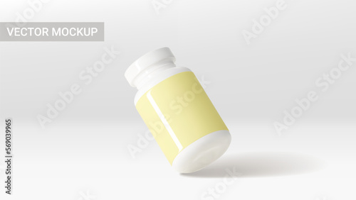 Vector template of white bottle with pills. 3d vector illustration with plastic bottle for presentation of pills, vitamins, capsules or dietary supplement. Mockup of 3d jar with blank labels.