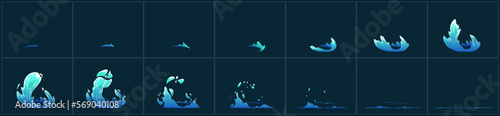 Animation sprite sheet of water splash, sea or ocean wave isolated on black background. Clean liquid fluid motion effect with splatter and drops, vector cartoon illustration