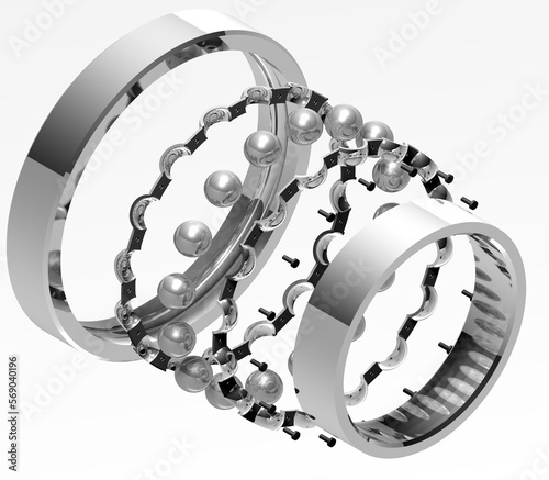 Exploded view of spherical rolling element (ball) bearing