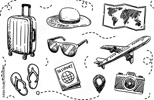 Travel hand drawn sketch, suitcase, maps, flip-flops, maps pin, airplane, passport, beach hat, camera, sunglasses, vector illustration, doodle set