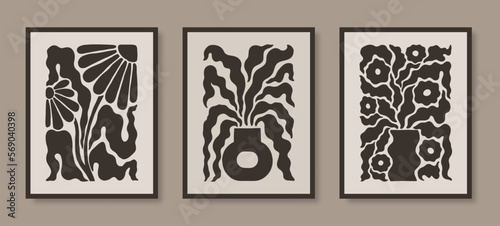 Abstract Naive Floral Posters Set. Modern Botanical Prints with Flowers in Vases in Contemporary Minimal Style. Vector