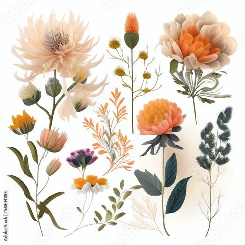 Watercolor flowers set. Collection of decorative elements bright colorful flowers, leaves, grass, hand drawn with watercolors. Decoration Watercolor flowers isolated. Generative AI