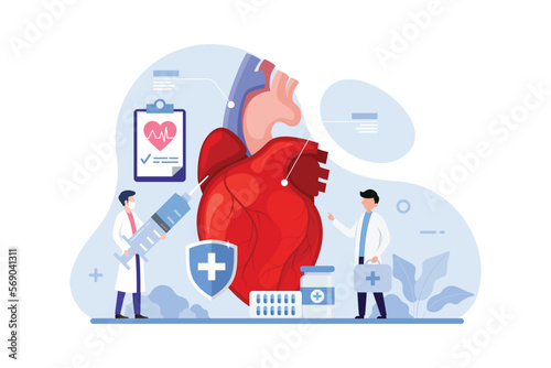 Heart care and medical diagnostic design concept. Doctors treat heart disease vector illustration