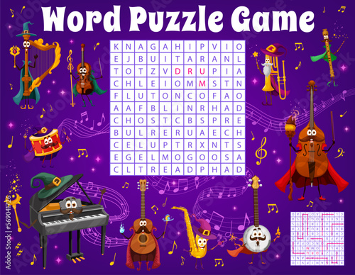 Word search puzzle game, wizard musical instrument