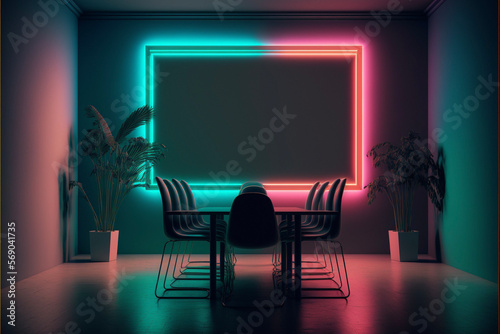 Boardroom with Colorful Neon Empty Frame  Projection Screen  Whiteboard Generative AI