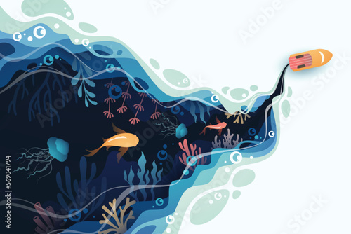 Fishes layered shape wavy ocean underwater background in paper cut style