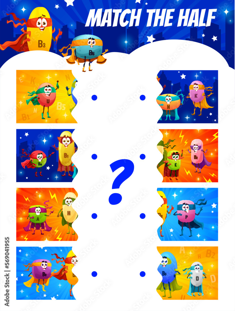 Fototapeta premium Match the half of cartoon cute superhero vitamin