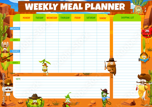 Weekly meal planner, cartoon cowboy vegetable