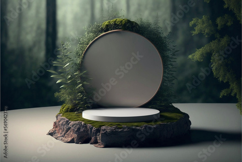 Stone Product Display Podium in Forest Scene Generative AI