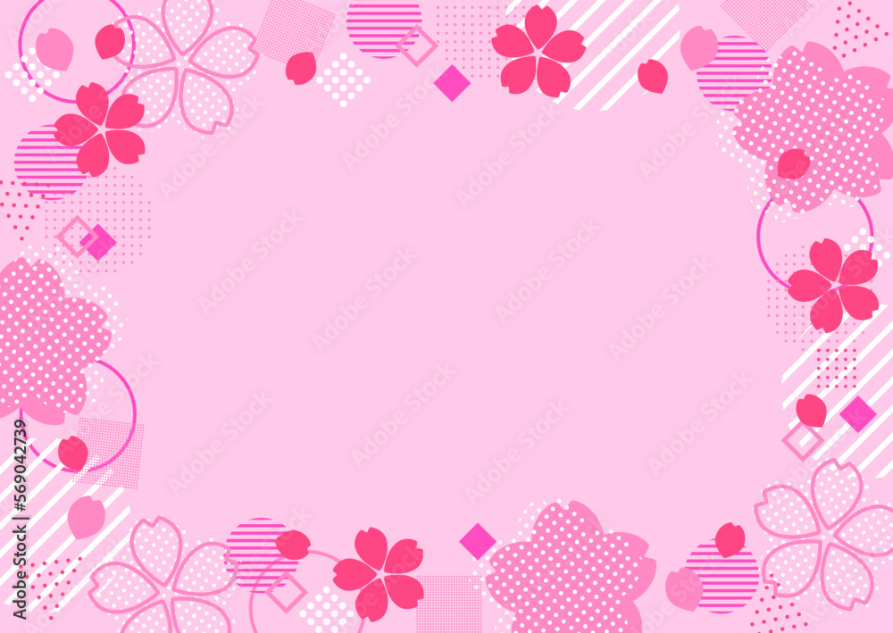 ビビッドピンクの派手でポップな桜の花と幾何学図形のかわいいフレーム　横向き