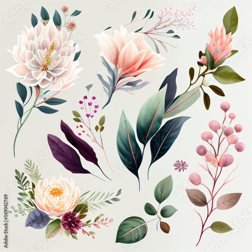 Watercolor flowers set. Collection of decorative elements bright colorful flowers  leaves  grass  hand drawn with watercolors. Decoration Watercolor flowers isolated. Generative AI